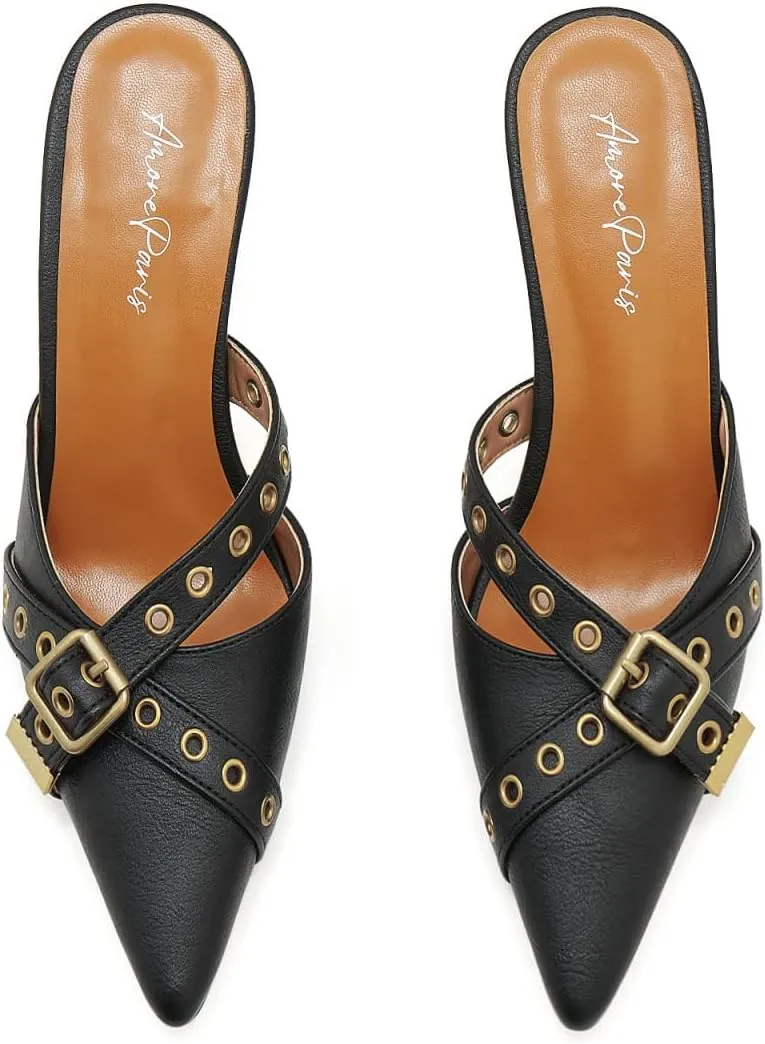 Black Kitten Heels for Women Pointed Toe Leather Buckled Strap Vintage Heel Mules Studded Dressy Stiletto Heels Pumps Slip on Heeled Sandals