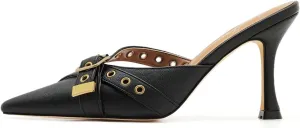 Black Kitten Heels for Women Pointed Toe Leather Buckled Strap Vintage Heel Mules Studded Dressy Stiletto Heels Pumps Slip on Heeled Sandals