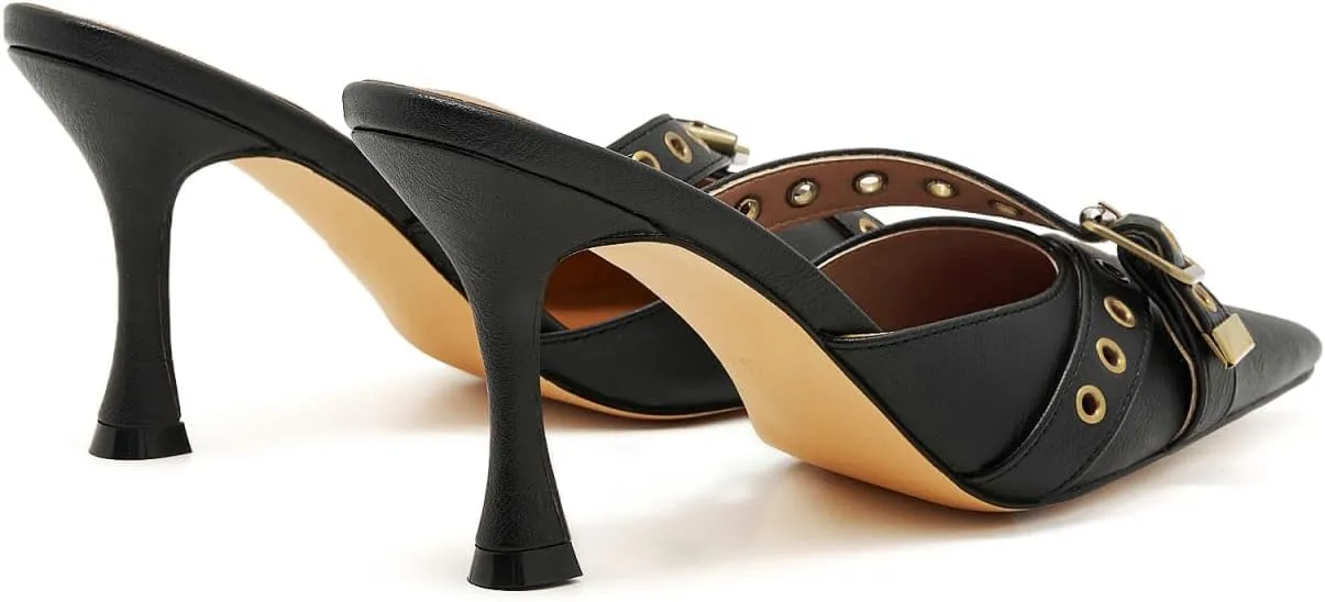 Black Kitten Heels for Women Pointed Toe Leather Buckled Strap Vintage Heel Mules Studded Dressy Stiletto Heels Pumps Slip on Heeled Sandals