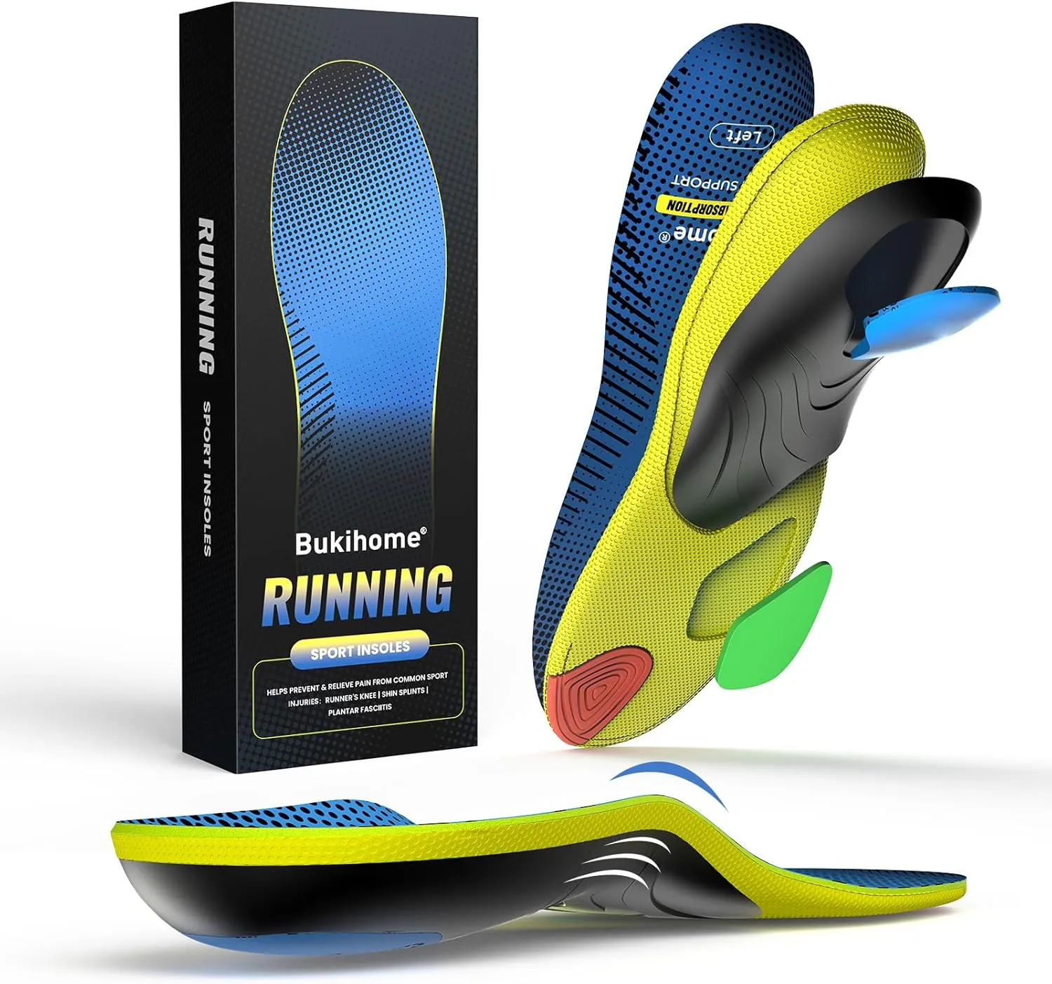 Bukihome Sport Insoles for Men Women - Arch Support Orthotics Inserts - Shock Absorption and Cushioning for Running Walking - Comfortable Insole for Standing All Day - FSA/HSA Eligible (Blue, S)