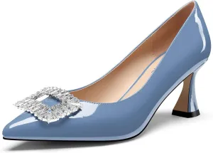 Castamere Womens Mid Heel Pointed Toe Slip-on Rhinestone Crystal Pumps Wedding Prom Patent Leather 2.6 Inches Heels