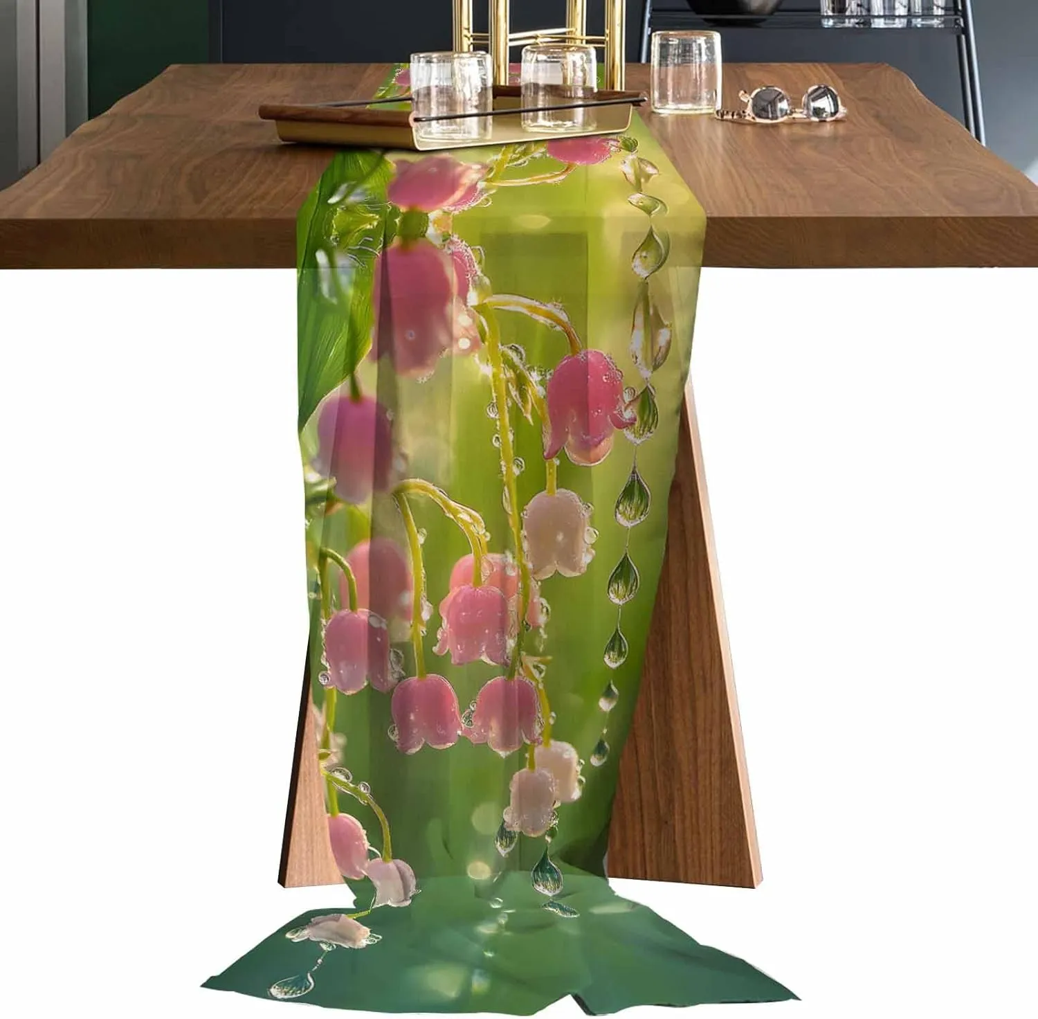Chiffon Table Runner Lily of The Valley 19x55 Inches Sheer Table Runners Dewdrop Sunlight Chiffon Runners for Party Wedding Bridal Shower Home Decorations