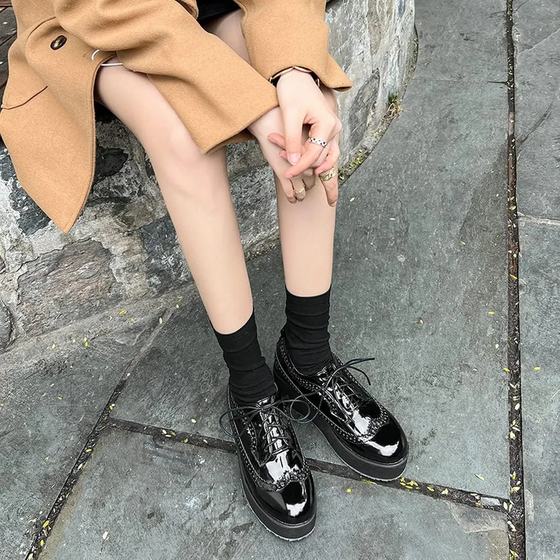 ClassicSter Women's Platform Lace Up Patent Leather Wingtips Round Toe Casual Oxford Shoes Brogues