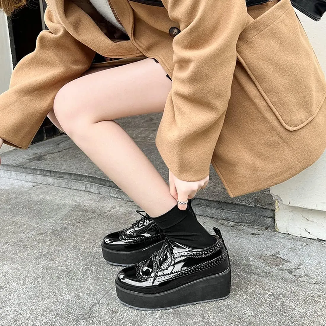 ClassicSter Women's Platform Lace Up Patent Leather Wingtips Round Toe Casual Oxford Shoes Brogues