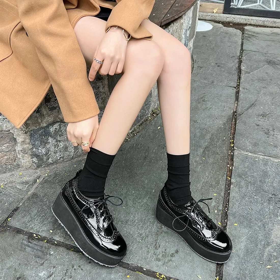 ClassicSter Women's Platform Lace Up Patent Leather Wingtips Round Toe Casual Oxford Shoes Brogues