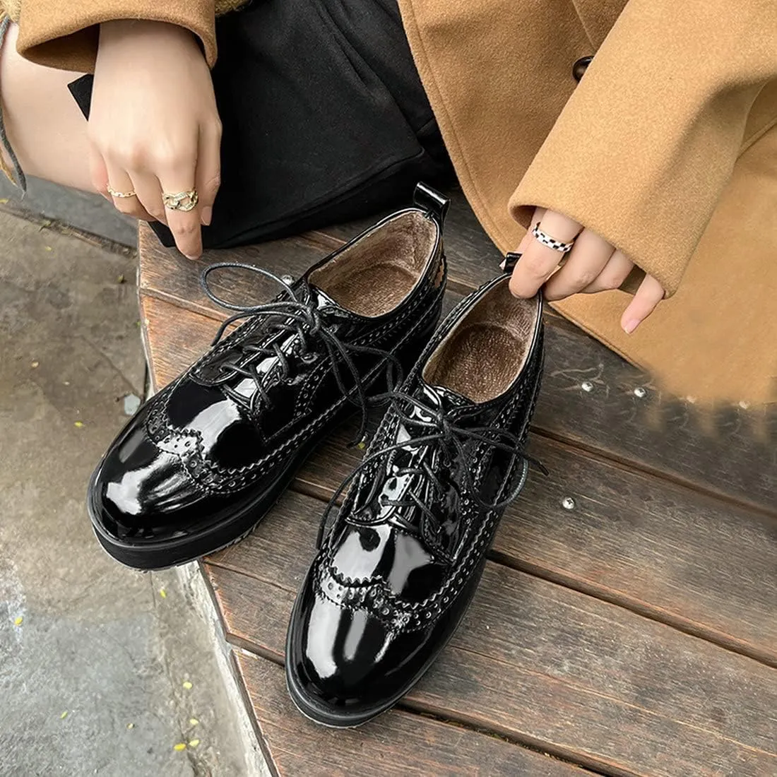 ClassicSter Women's Platform Lace Up Patent Leather Wingtips Round Toe Casual Oxford Shoes Brogues