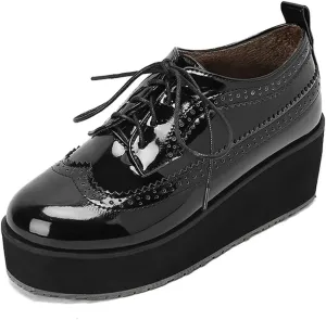ClassicSter Women's Platform Lace Up Patent Leather Wingtips Round Toe Casual Oxford Shoes Brogues