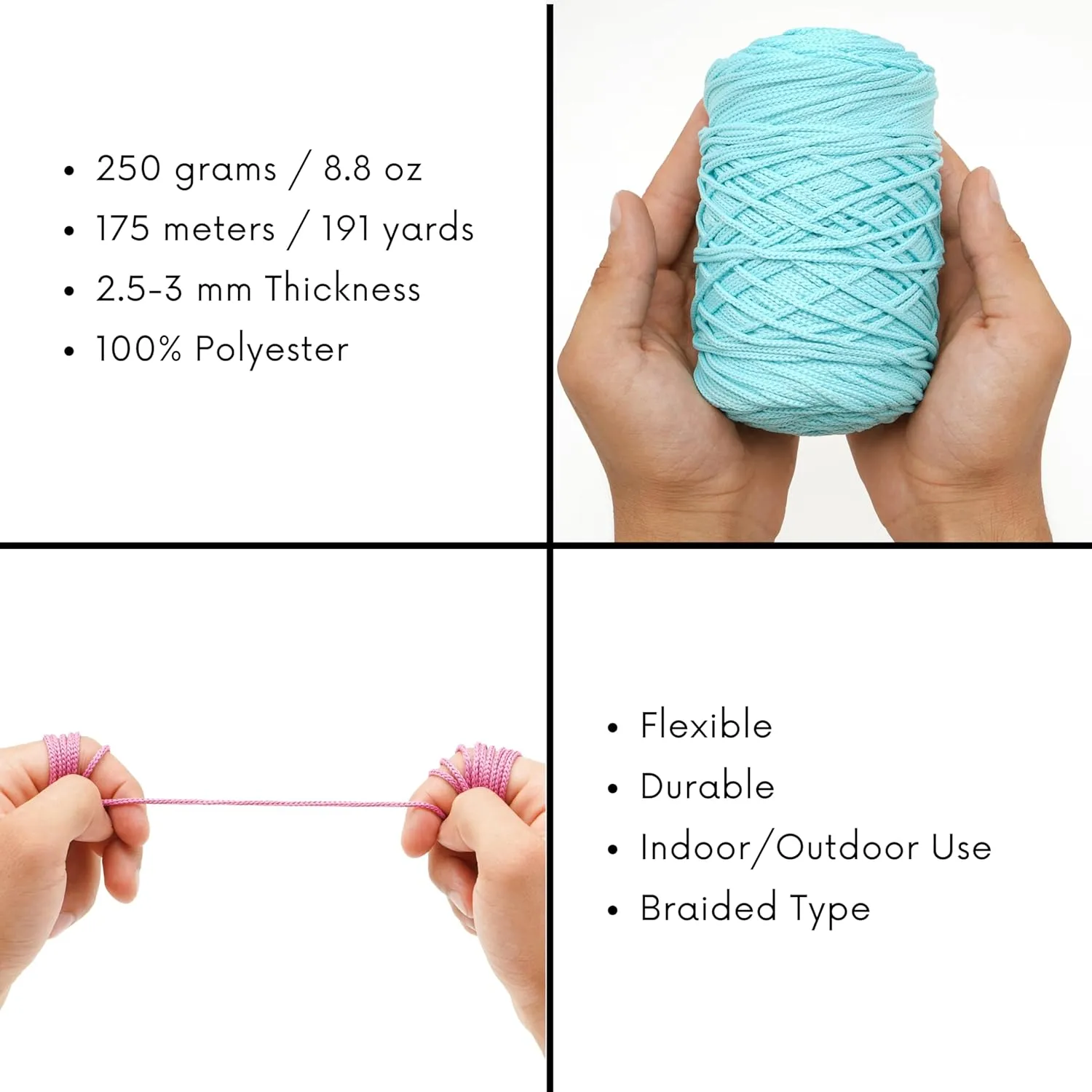Clowex Polyester Soft Macrame Cord 2.5-3mm, 4 Skeins x 191 Yards x 1/9 inc Turkish Polyester Rope, Braided Macrame Yarn for DIY Crafts, Plant Hanger, Wall Hanging, Macrame Bag