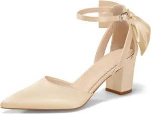 Coutgo Womens Chunky Heels Low Heel Ankle Strap D'Orsay Pumps Closed Pointed Toe Wedding Bridal Shoes