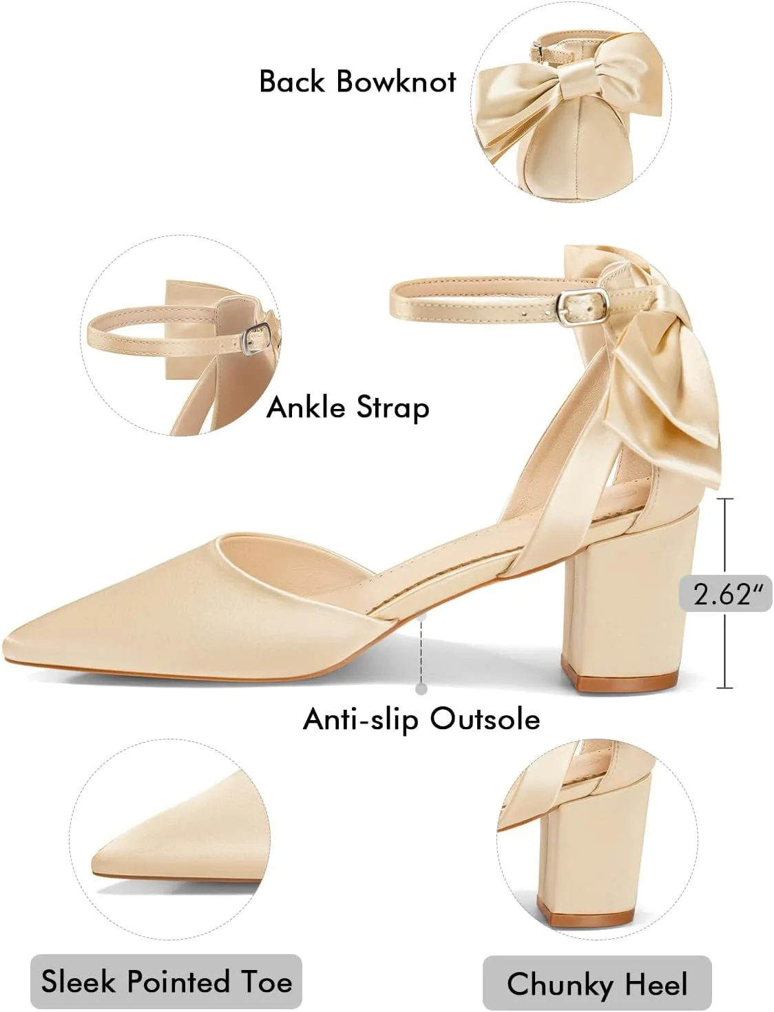 Coutgo Womens Chunky Heels Low Heel Ankle Strap D'Orsay Pumps Closed Pointed Toe Wedding Bridal Shoes