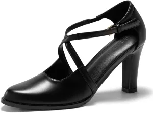 Coutgo Womens Chunky High Heels Dress Shoes Closed Pointed Toe Cross Strap Buckle Pumps Vintage D'Orsay Party Shoes