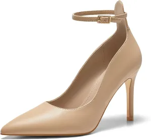 Coutgo Womens High Heels Closed Pointed Toe Ankle Strap Stiletto Pumps Dress Office Shoes