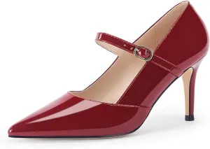 Coutgo Womens Mary Jane Pumps Stiletto High Heels Closed Pointed Toe Buckle Strap Patent Leather Dress Wedding Party Shoes