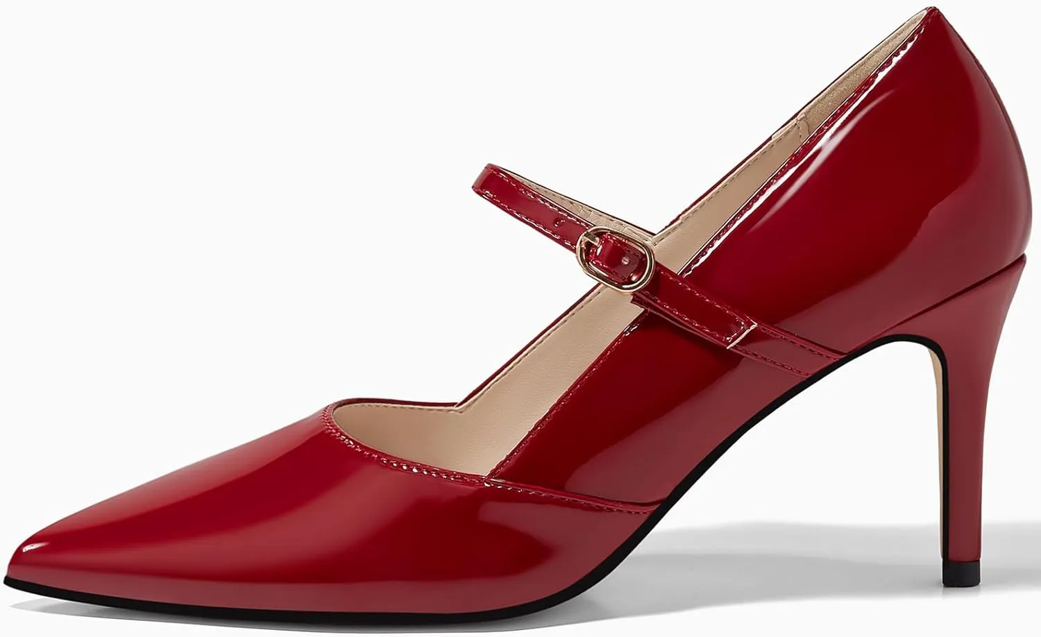 Coutgo Womens Mary Jane Pumps Stiletto High Heels Closed Pointed Toe Buckle Strap Patent Leather Dress Wedding Party Shoes