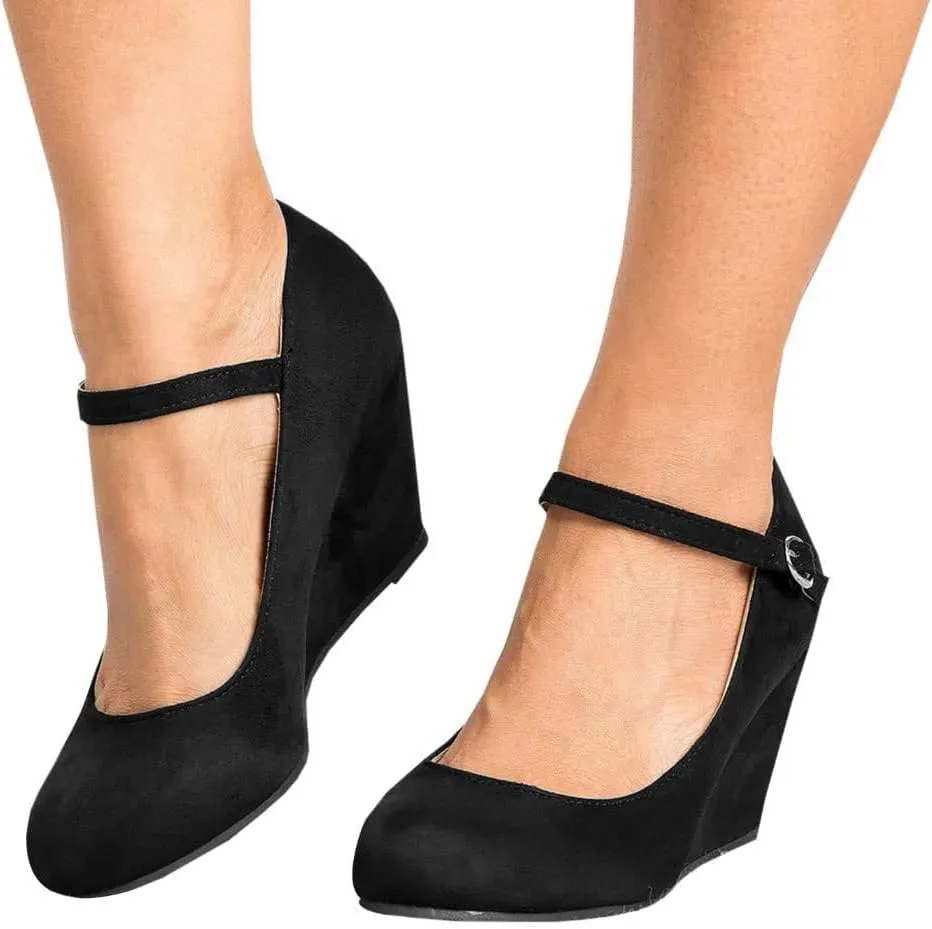 Coutgo Womens Wedge Shoes Closed Toe Mary Jane Pumps Ankle Strap High Heels Comfortable Office Wedding Dress Shoes