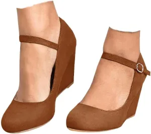 Coutgo Womens Wedge Shoes Closed Toe Mary Jane Pumps Ankle Strap High Heels Comfortable Office Wedding Dress Shoes