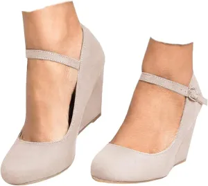 Coutgo Womens Wedge Shoes Closed Toe Mary Jane Pumps Ankle Strap High Heels Comfortable Office Wedding Dress Shoes
