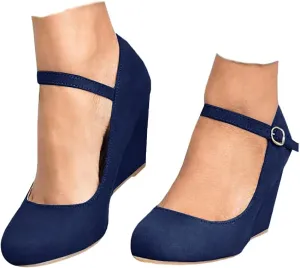 Coutgo Womens Wedge Shoes Closed Toe Mary Jane Pumps Ankle Strap High Heels Comfortable Office Wedding Dress Shoes