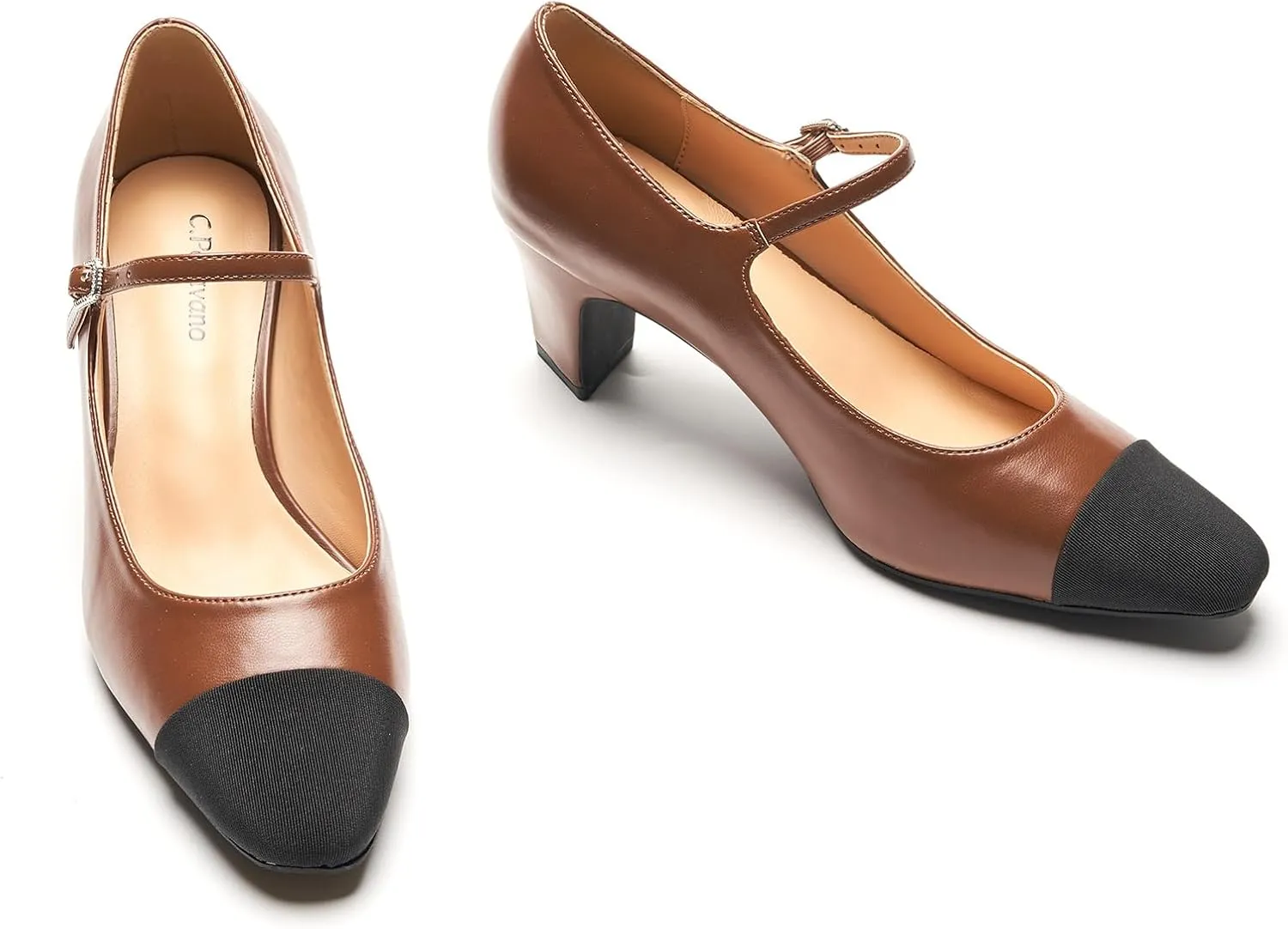 C.Paravano Women's Pumps Mary Jane Pumps Closed Round Toe Low Heels Adjustable Strap Fashion Dress Shoes