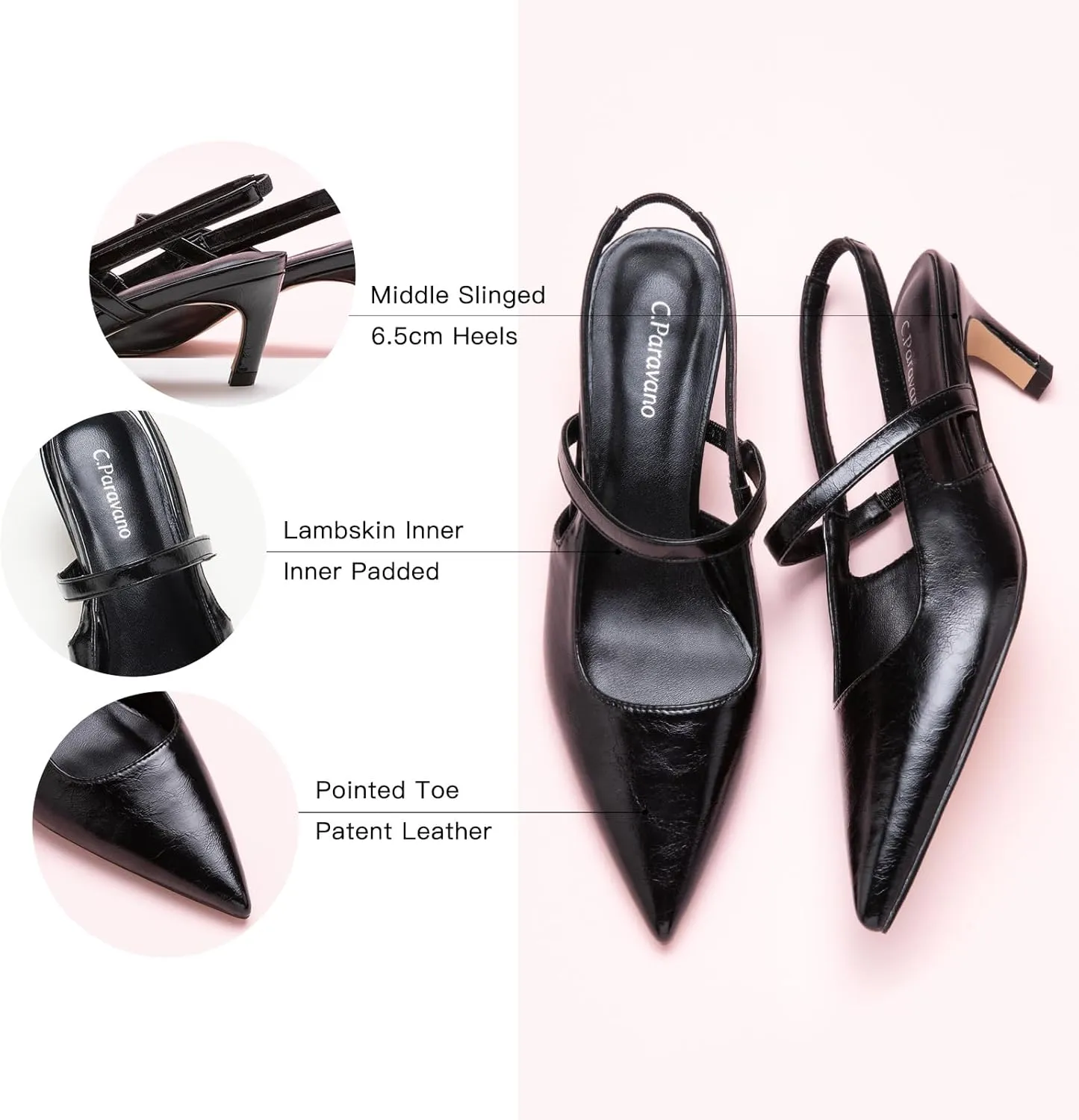 C.Paravano Women's Slingback Flats & Heels - Pointed Toe, Ankle Strap, Comfortable Leather Dress Shoes