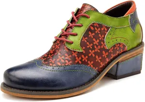 CrazycatZ Women's Leather Oxford Shoes Perforated Lace up Wingtip Colorful Leather Oxfords Vintage