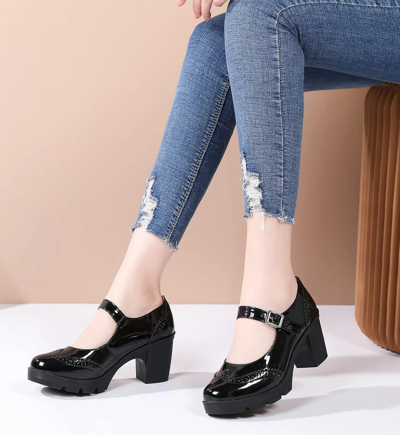 DADAWEN Women's Chunky Low Block Heels Mary Jane Closed Toe Work Pumps Comfortable Round Toe Oxfords Dress Wedding Shoes