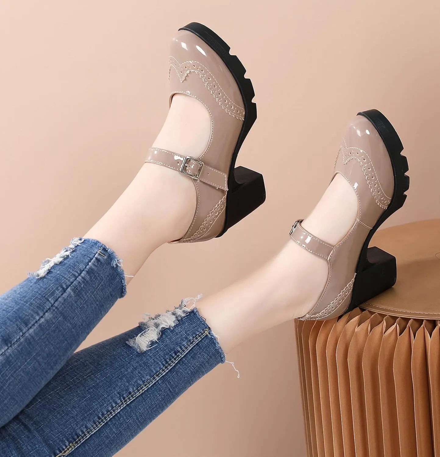 DADAWEN Women's Chunky Low Block Heels Mary Jane Closed Toe Work Pumps Comfortable Round Toe Oxfords Dress Wedding Shoes