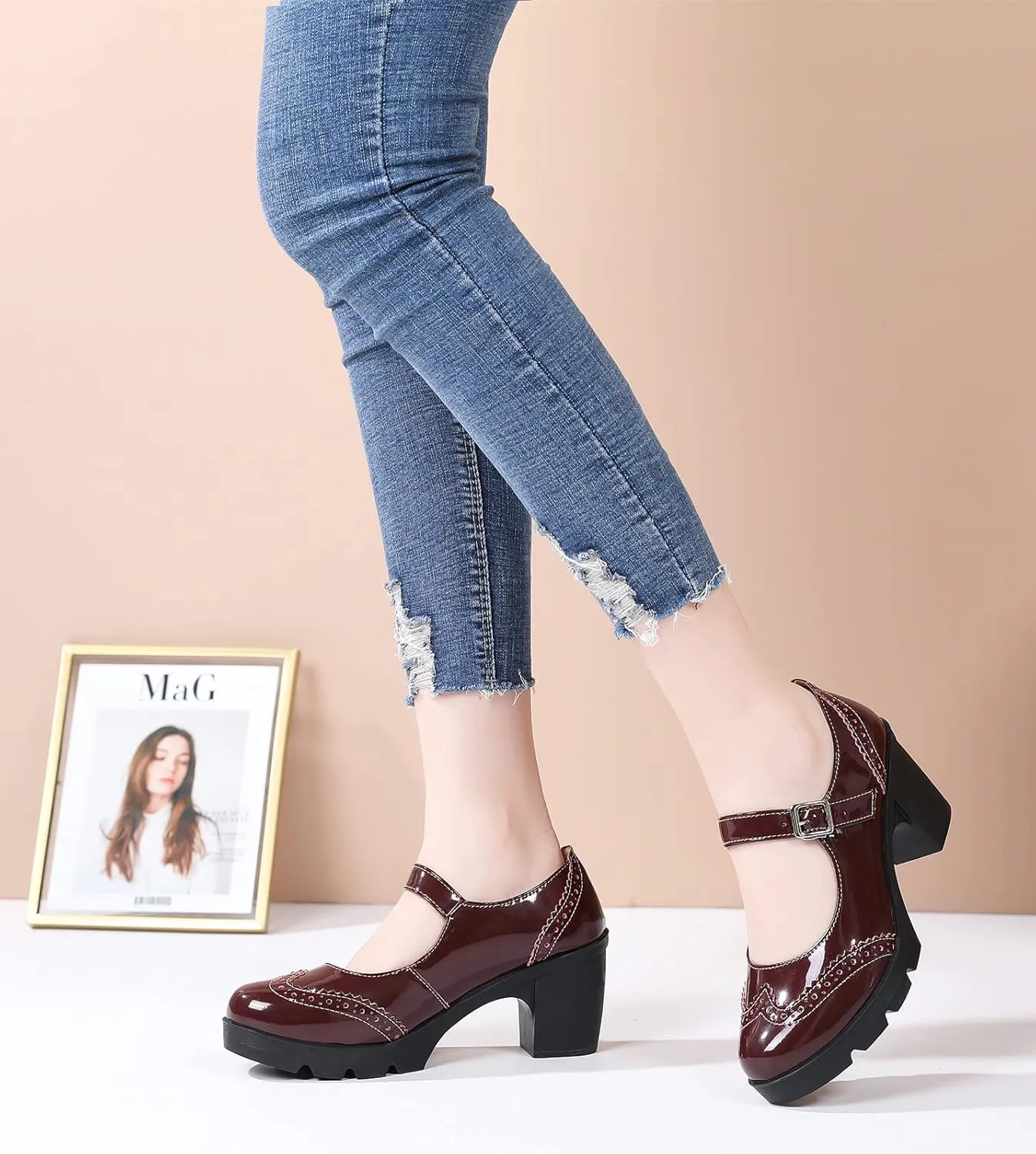 DADAWEN Women's Chunky Low Block Heels Mary Jane Closed Toe Work Pumps Comfortable Round Toe Oxfords Dress Wedding Shoes