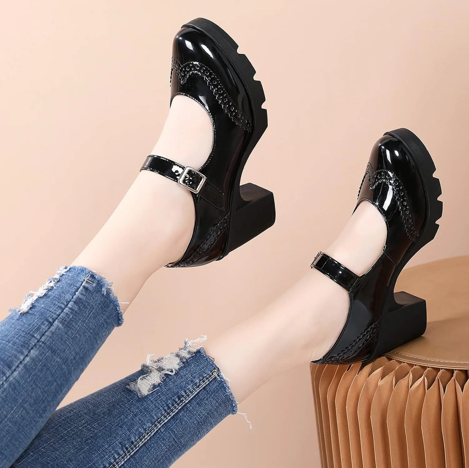 DADAWEN Women's Chunky Low Block Heels Mary Jane Closed Toe Work Pumps Comfortable Round Toe Oxfords Dress Wedding Shoes