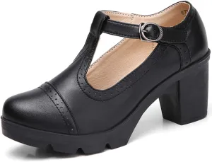 DADAWEN Women's Classic T-Strap Platform Mid-Heel Square Toe Oxfords Dress Shoes