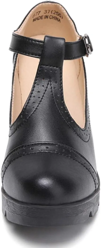 DADAWEN Women's Classic T-Strap Platform Mid-Heel Square Toe Oxfords Dress Shoes