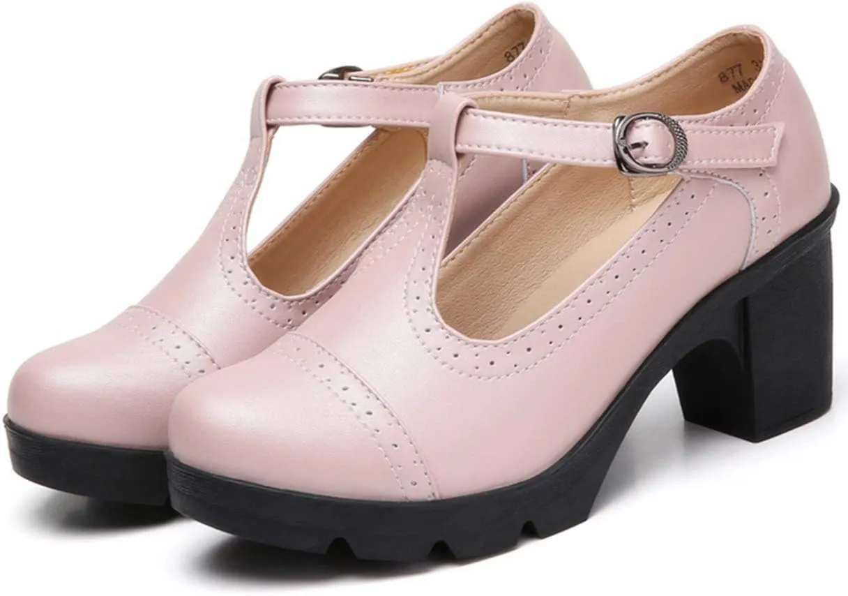 DADAWEN Women's Classic T-Strap Platform Mid-Heel Square Toe Oxfords Dress Shoes