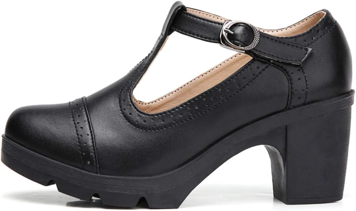 DADAWEN Women's Classic T-Strap Platform Mid-Heel Square Toe Oxfords Dress Shoes