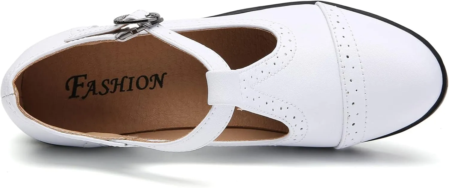 DADAWEN Women's Classic T-Strap Platform Mid-Heel Square Toe Oxfords Dress Shoes