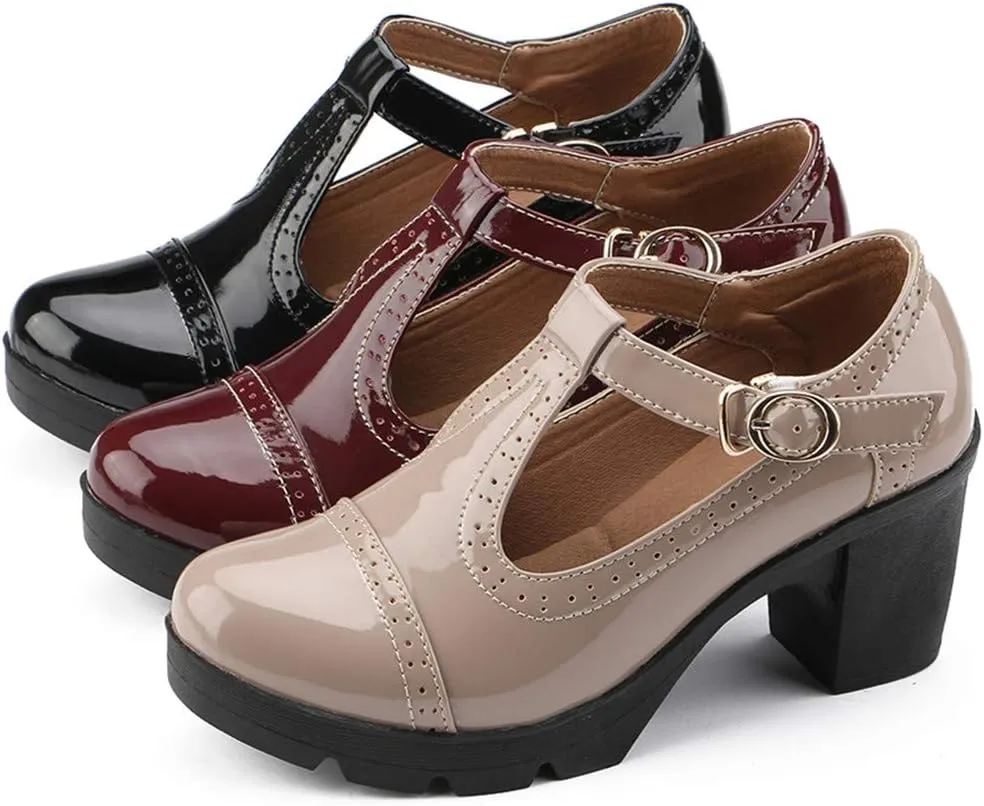 DADAWEN Women's Classic T-Strap Platform Mid-Heel Square Toe Oxfords Dress Shoes