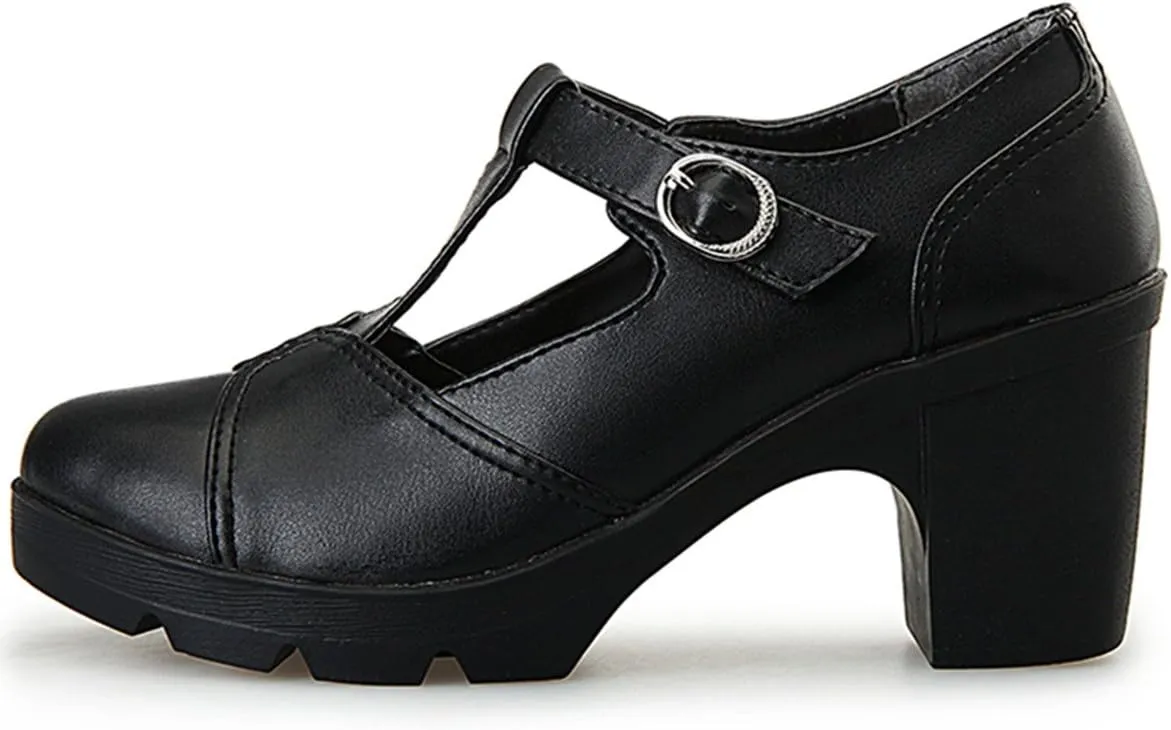 DADAWEN Women's Classic T-Strap Platform Mid-Heel Square Toe Oxfords Dress Shoes
