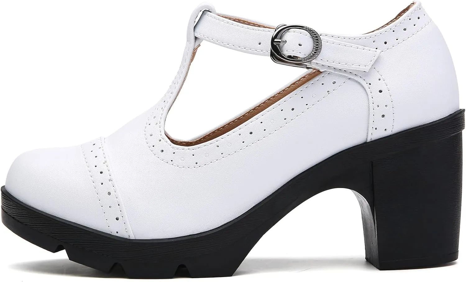 DADAWEN Women's Classic T-Strap Platform Mid-Heel Square Toe Oxfords Dress Shoes