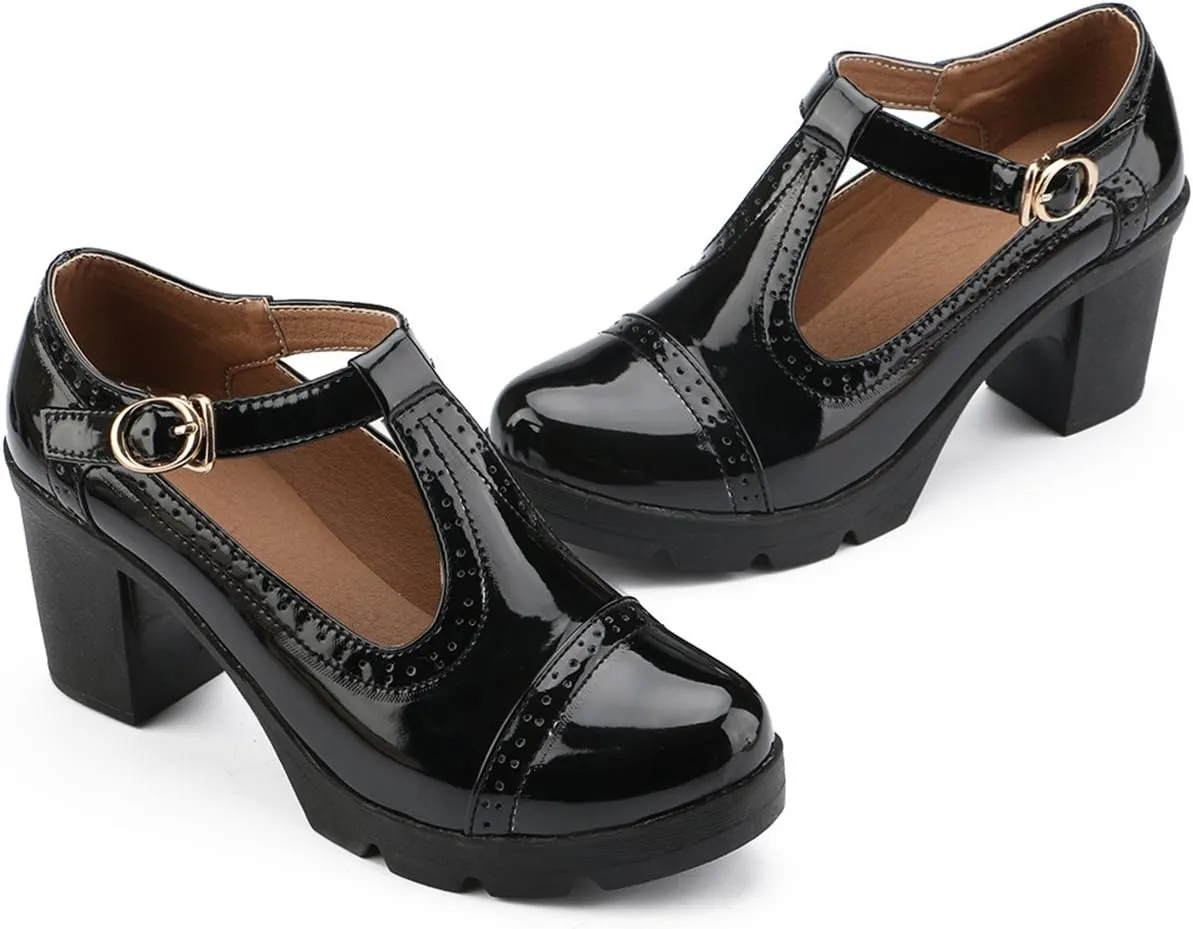 DADAWEN Women's Classic T-Strap Platform Mid-Heel Square Toe Oxfords Dress Shoes