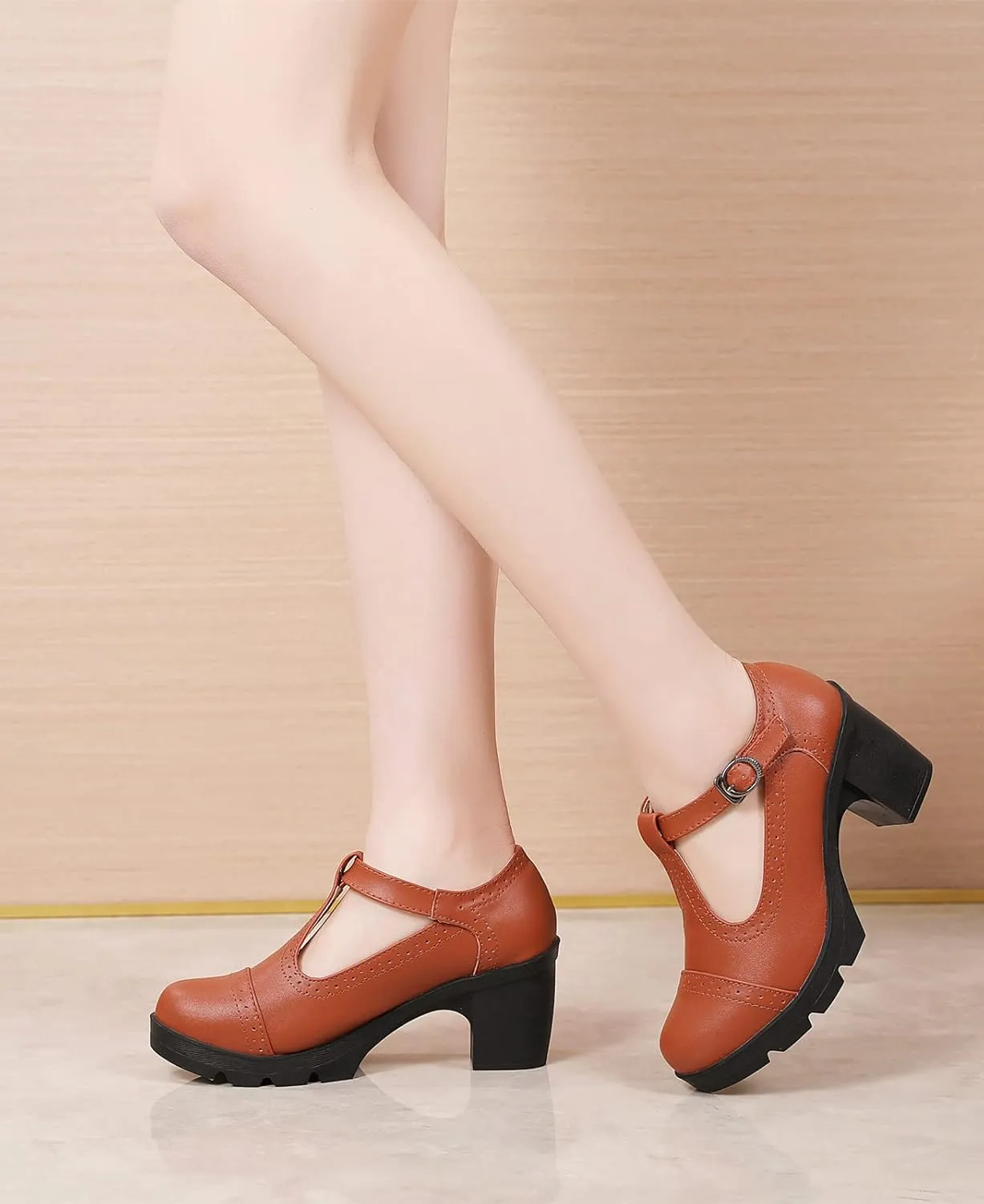 DADAWEN Women's Classic T-Strap Platform Mid-Heel Square Toe Oxfords Dress Shoes