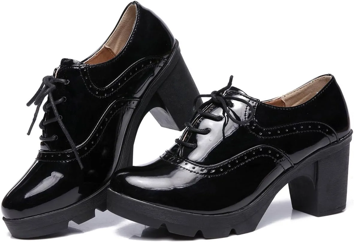 DADAWEN Women's Classic T-Strap Platform Mid-Heel Square Toe Oxfords Dress Shoes
