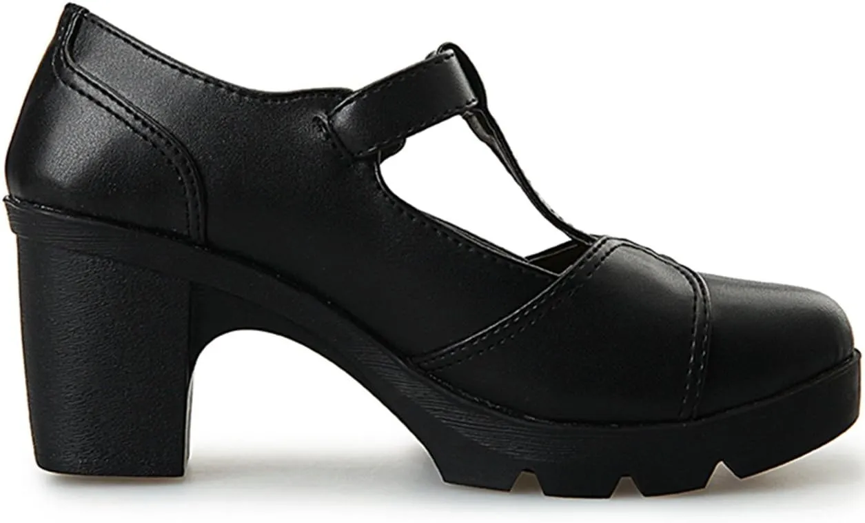 DADAWEN Women's Classic T-Strap Platform Mid-Heel Square Toe Oxfords Dress Shoes