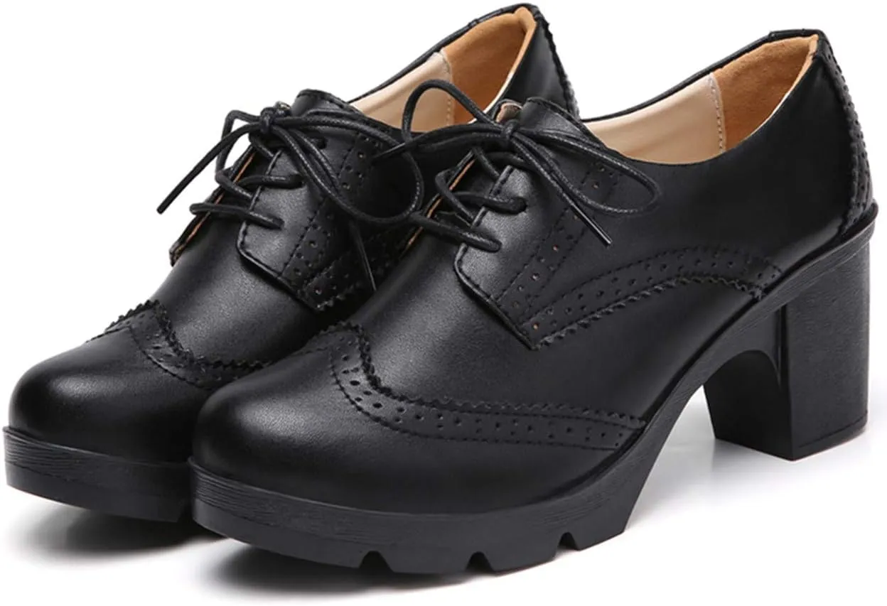 DADAWEN Women's Classic T-Strap Platform Mid-Heel Square Toe Oxfords Dress Shoes