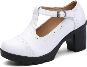 DADAWEN Women's Classic T-Strap Platform Mid-Heel Square Toe Oxfords Dress Shoes