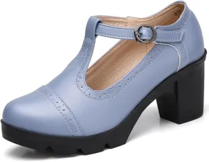 DADAWEN Women's Classic T-Strap Platform Mid-Heel Square Toe Oxfords Dress Shoes