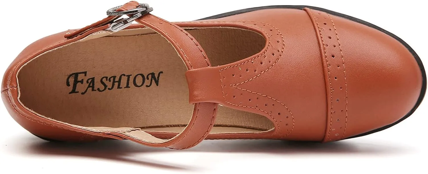 DADAWEN Women's Classic T-Strap Platform Mid-Heel Square Toe Oxfords Dress Shoes