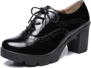 DADAWEN Women's Classic T-Strap Platform Mid-Heel Square Toe Oxfords Dress Shoes