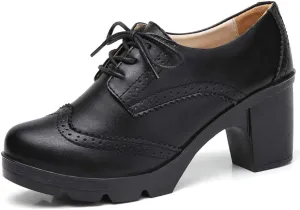 DADAWEN Women's Classic T-Strap Platform Mid-Heel Square Toe Oxfords Dress Shoes