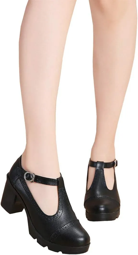 DADAWEN Women's Classic T-Strap Platform Mid-Heel Square Toe Oxfords Dress Shoes