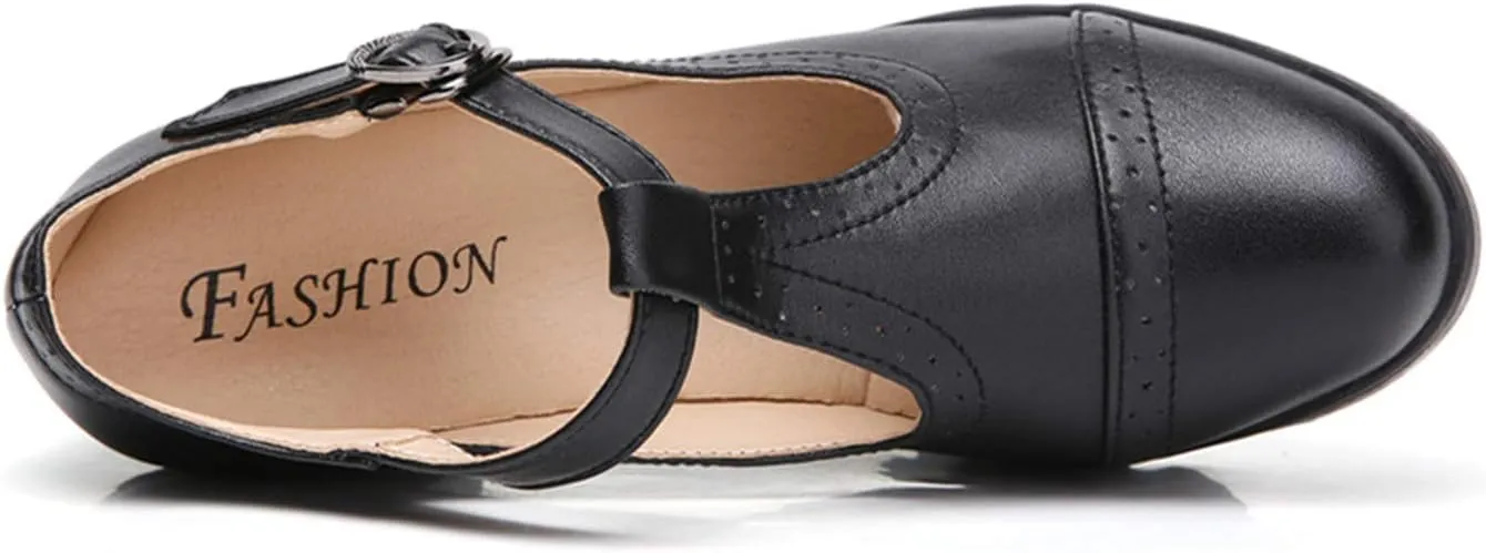 DADAWEN Women's Classic T-Strap Platform Mid-Heel Square Toe Oxfords Dress Shoes