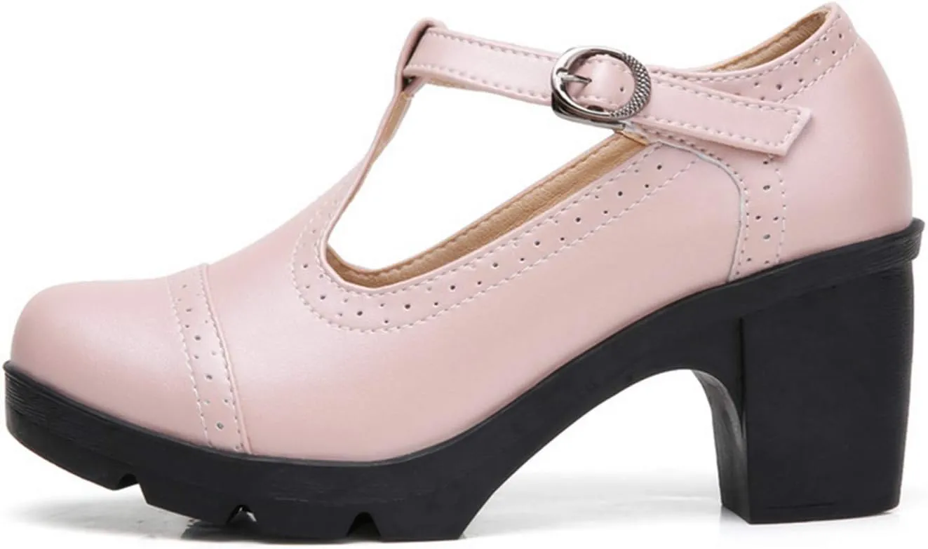 DADAWEN Women's Classic T-Strap Platform Mid-Heel Square Toe Oxfords Dress Shoes